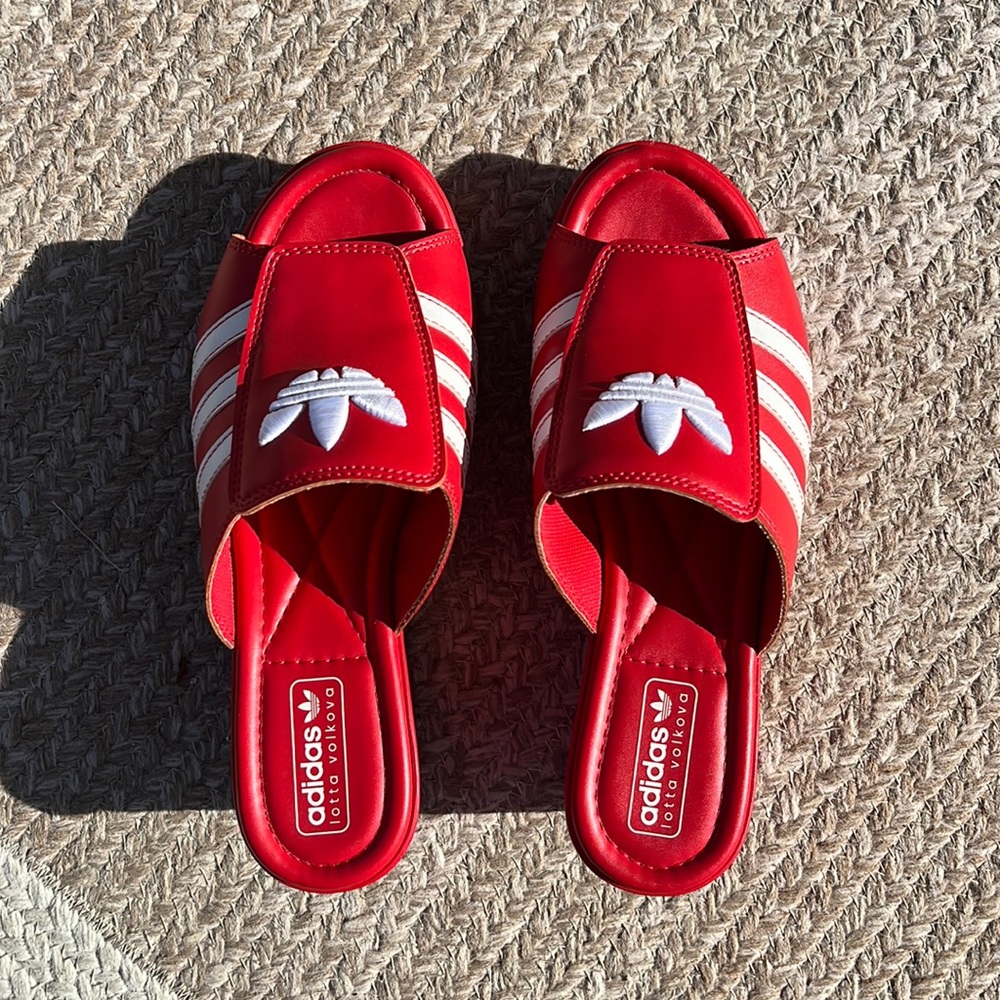 Lotta Volkova Red Adidas Trefoil Mules Women's US 5.5